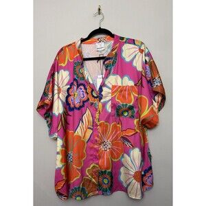 Industry Womens Plus Top 2X Satin Floral Print Blouse Button Front Cap Sleeve